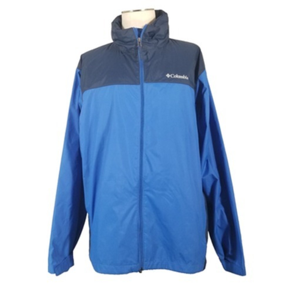 Columbia Jacket Windbreaker Mens XL Full Zip Hood Blue Nylon Rain Packable
